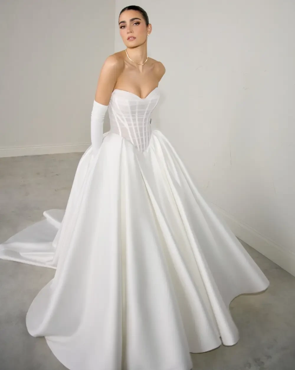 Model wearing a white Justin Alexander Signature